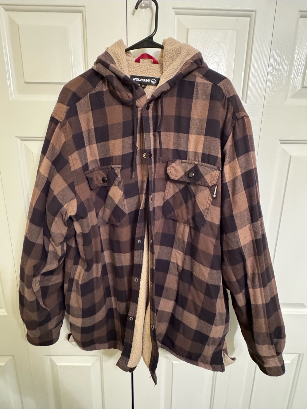 Wolverine Men’s Brown Plaid Sherpa-Lined Hooded Jacket XXL